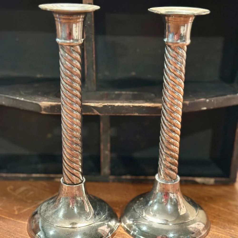 International Silver Barley Twist Silverplate 8” Candlesticks